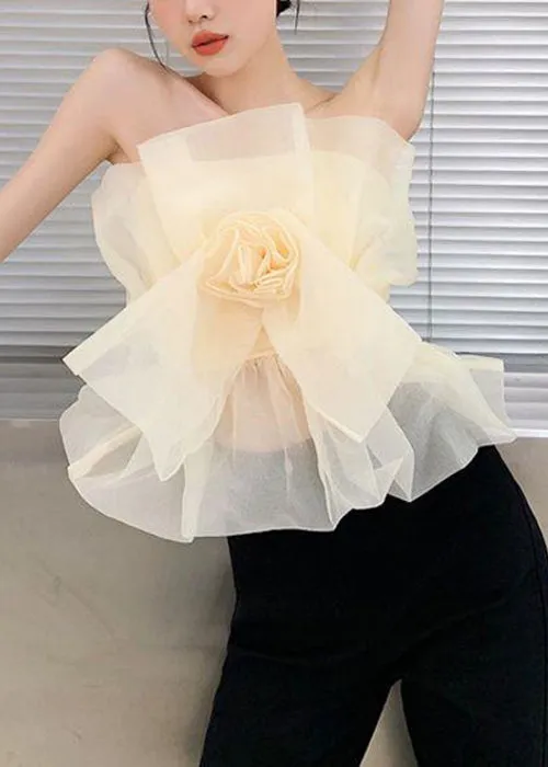 Art Apricot Cold Shoulder Floral Tulle Top Sleeveless