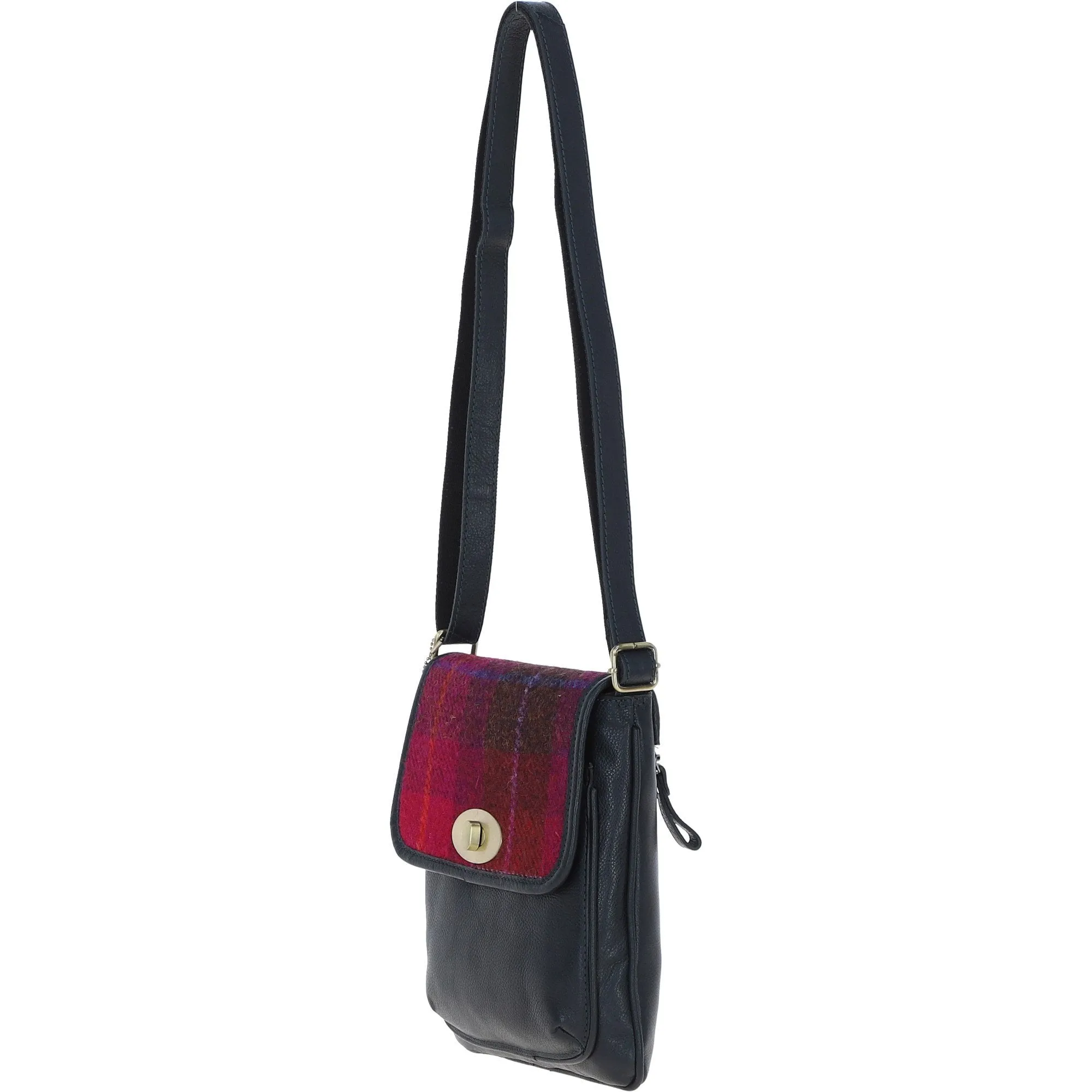 Ashwood Leather & Harris Tweed Twist Lock Crossbody Bag Navy/Pink: TW-31-06-NP