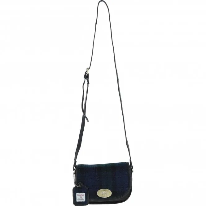 Ashwood Leather x Harris Tweed Saddle Crossbody Bag with Twist Lock Black/Watch: TW-30-03-BW