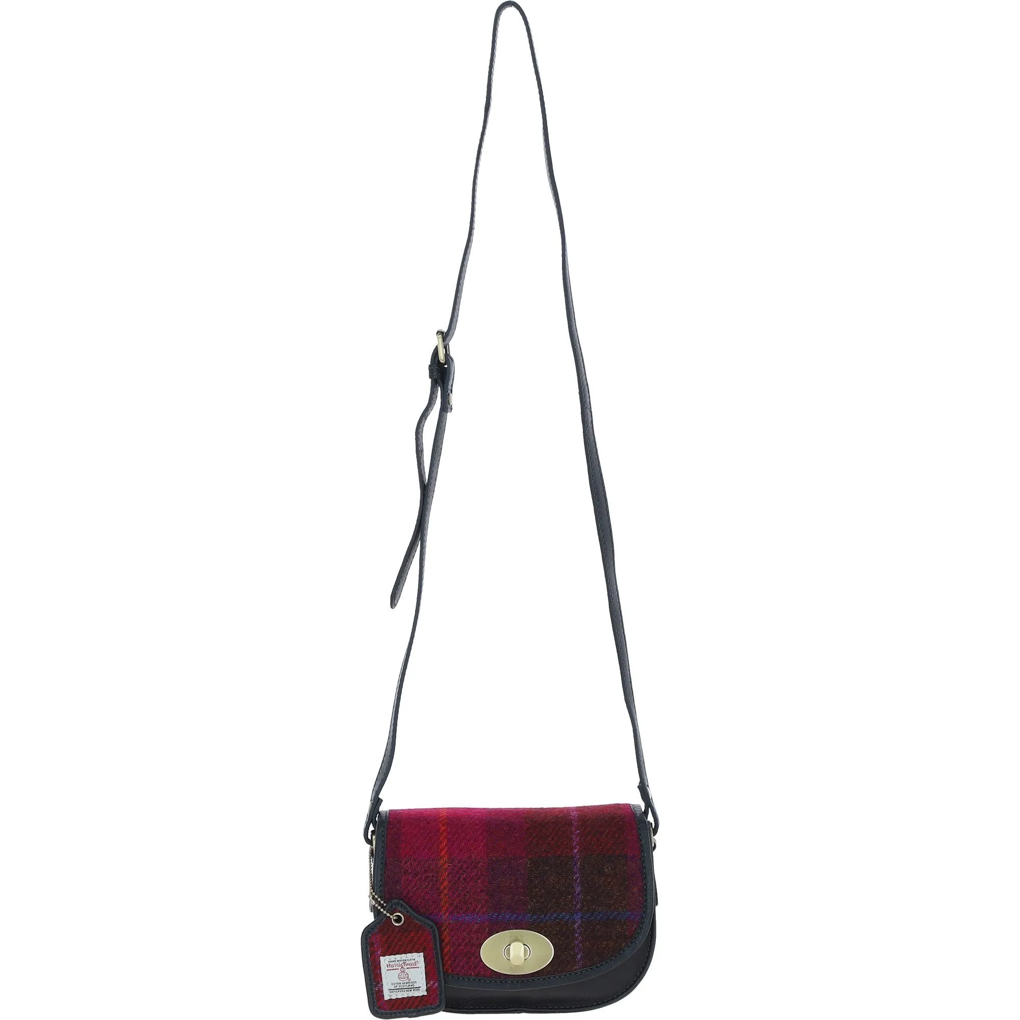 Ashwood Leather x Harris Tweed Saddle Crossbody Bag with Twist Lock Navy/Pink: TW-30-06-NP