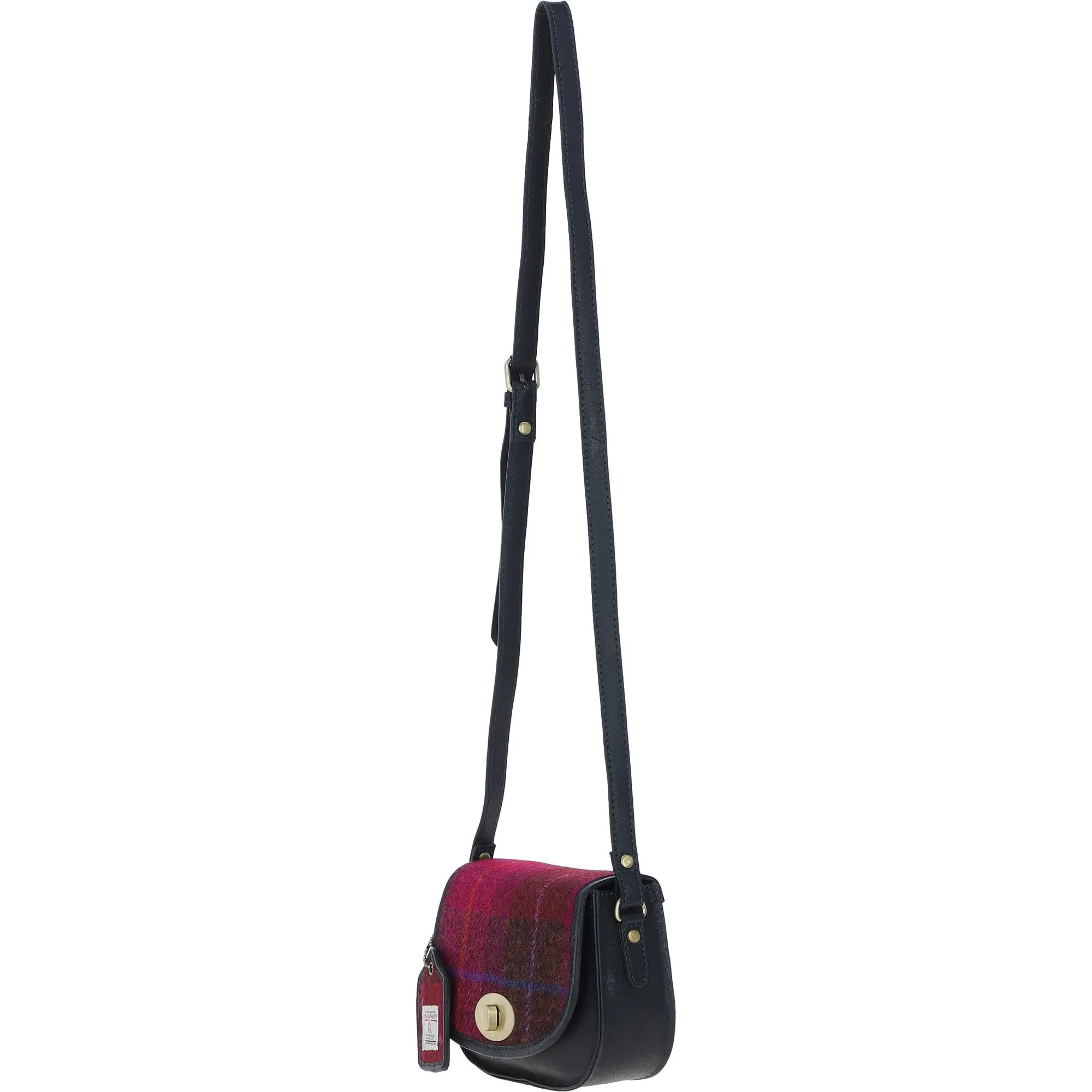 Ashwood Leather x Harris Tweed Saddle Crossbody Bag with Twist Lock Navy/Pink: TW-30-06-NP