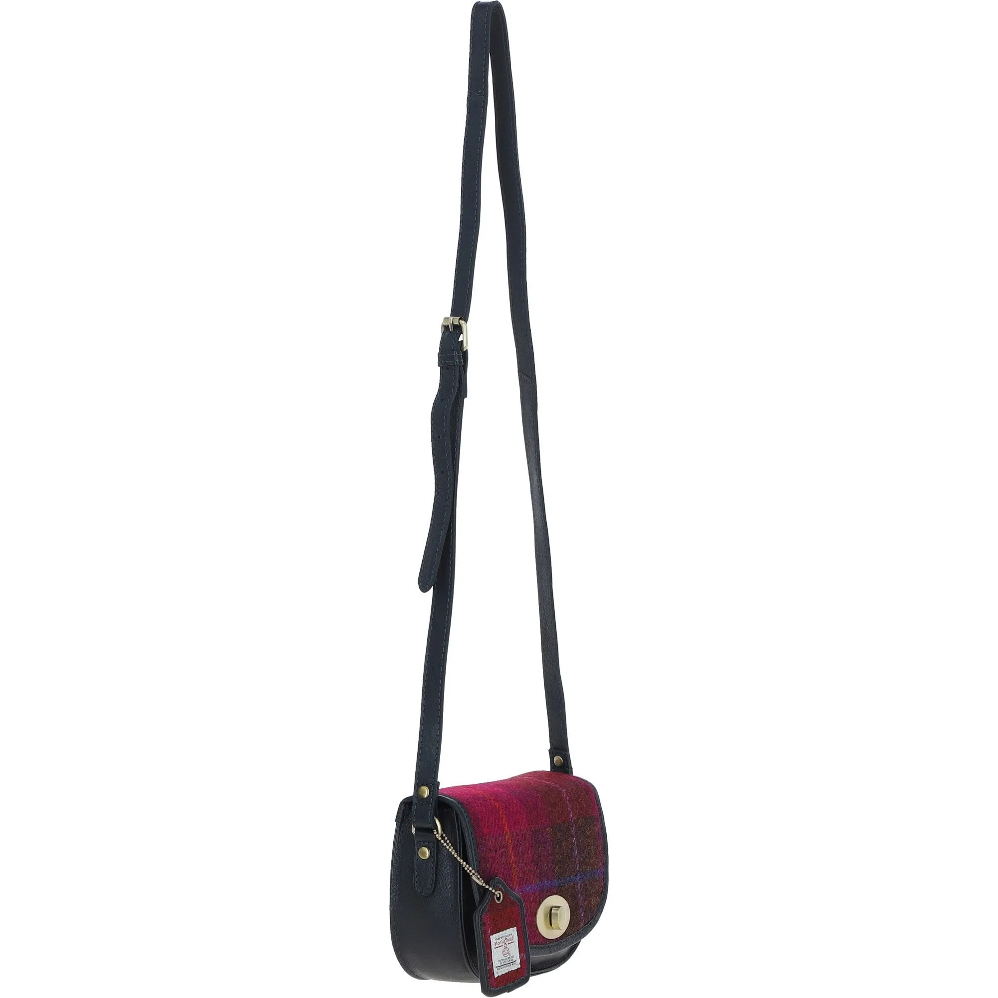 Ashwood Leather x Harris Tweed Saddle Crossbody Bag with Twist Lock Navy/Pink: TW-30-06-NP