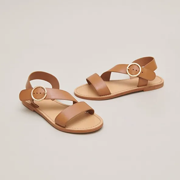 Asymmetrical sandals in camel leather