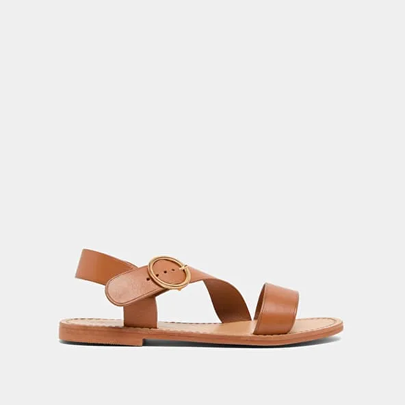 Asymmetrical sandals in camel leather