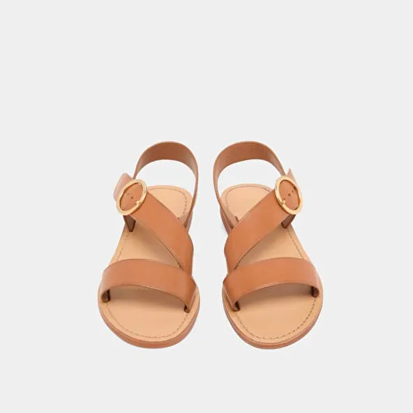 Asymmetrical sandals in camel leather