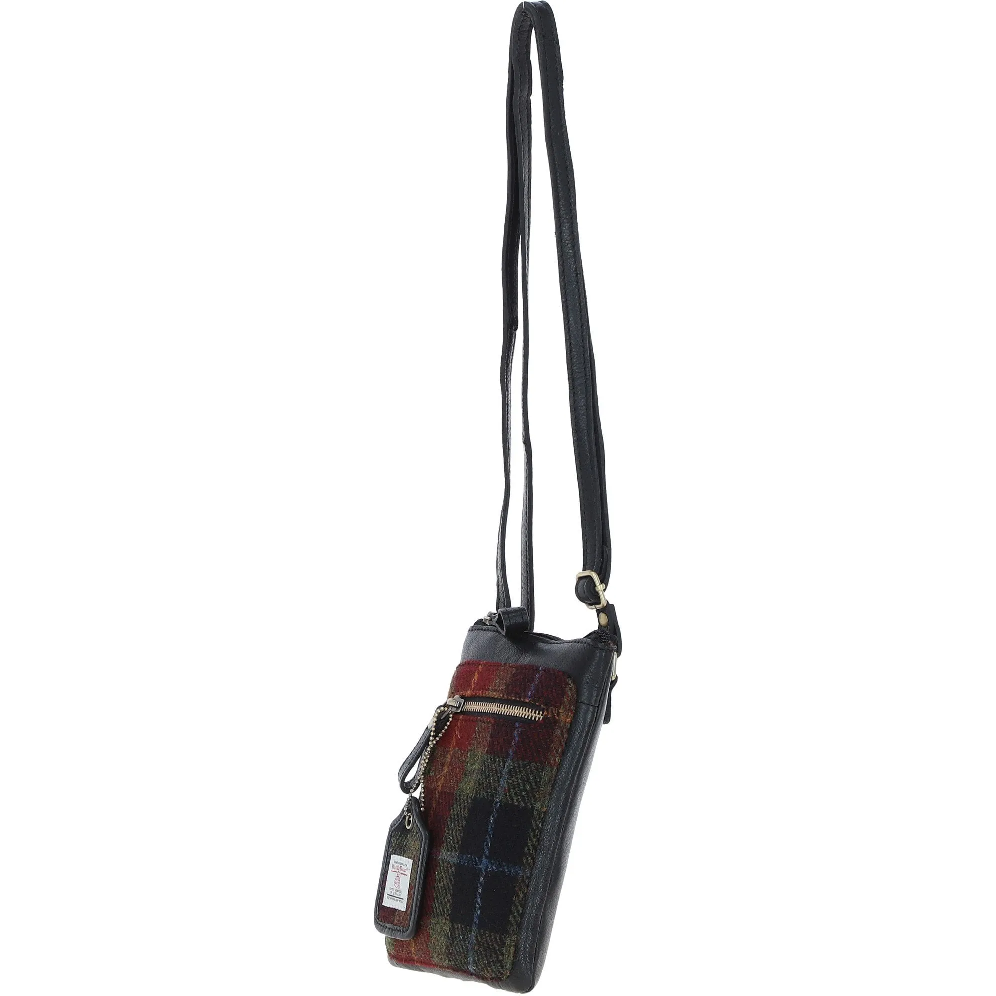 Authentic Ashwood Leather & Harris Tweed Crossbody Bag Black/Green/Red: TW-29-07-BR