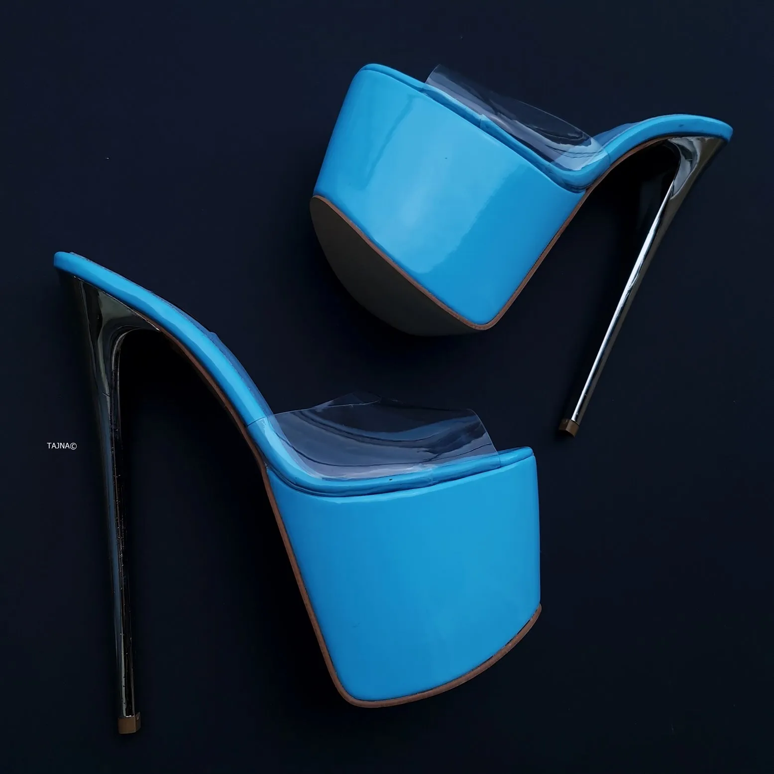 Baby Blue Transparent Strap Metallic Heel Mules