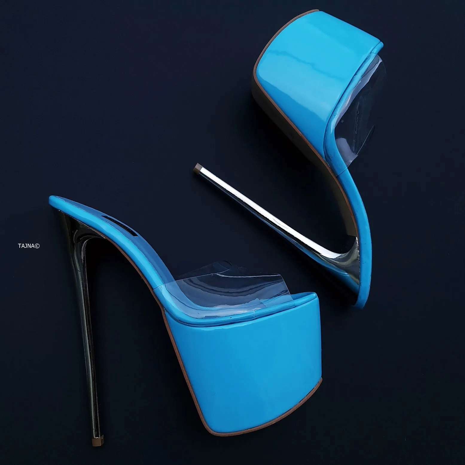 Baby Blue Transparent Strap Metallic Heel Mules