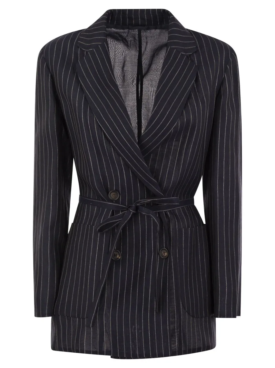 Brunello Cucinelli    Brunello Cucinelli Sparkling Stripe Cotton Gauze Jacket With Belt And Necklace