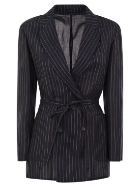 Brunello Cucinelli    Brunello Cucinelli Sparkling Stripe Cotton Gauze Jacket With Belt And Necklace