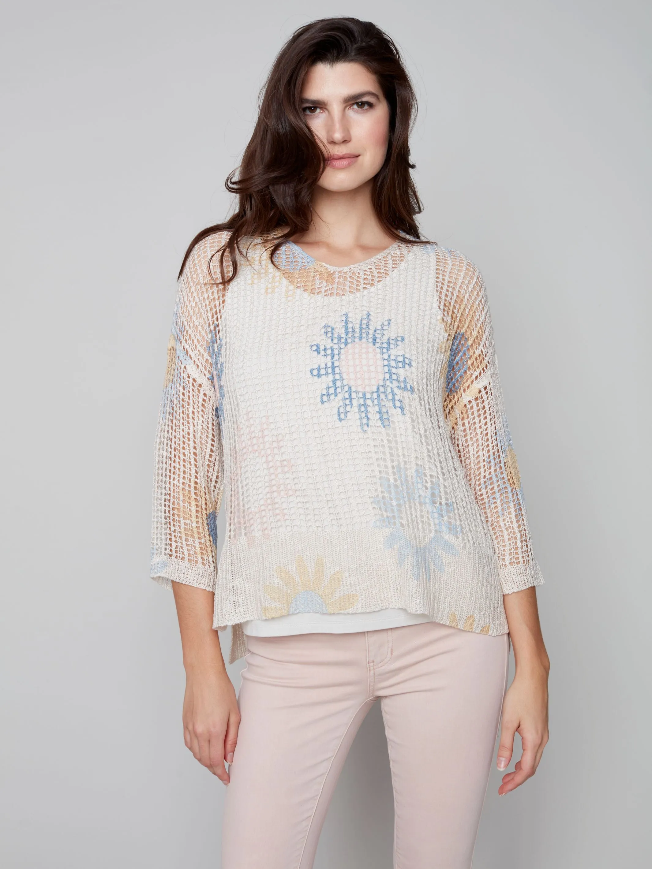 Charlie B Printed Fishnet Crochet Sweater