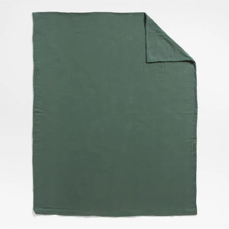 Crate&Barrel Supersoft Pine Green Organic Cotton Gauze Kids Twin Duvet Cover