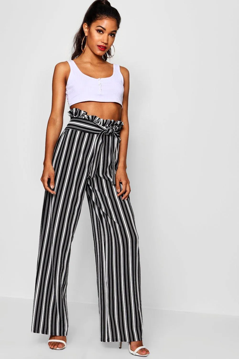 Crepe Stripe Paperbag Wide Leg Pants