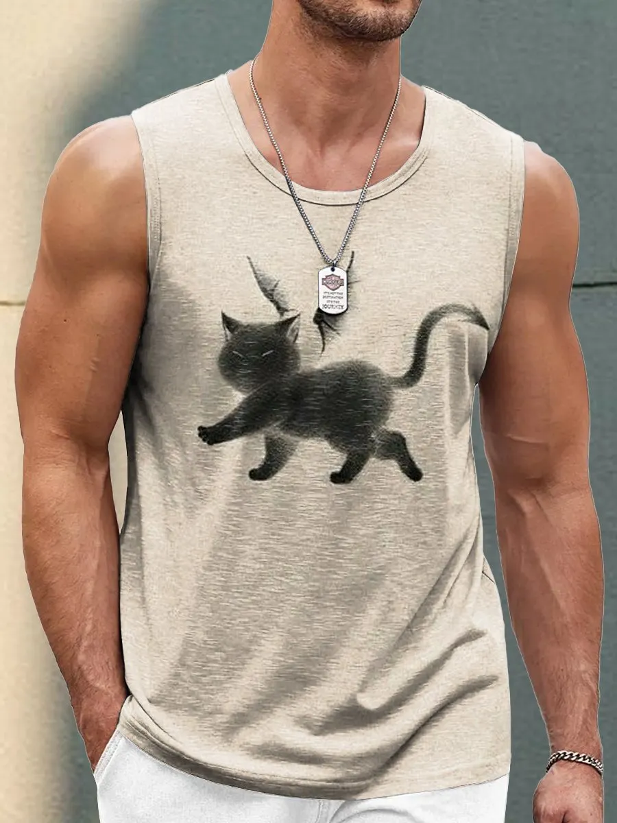 Dark Cat Print Casual Sleeveless Tank Top