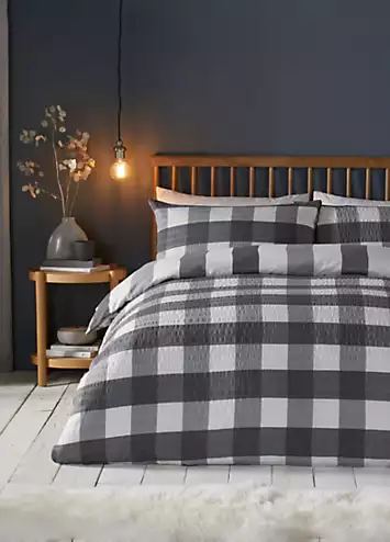 Fusion Charcoal Seersucker Gingham Check Brushed Cotton Rich Duvet Cover Set | Kaleidoscope