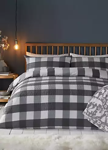 Fusion Charcoal Seersucker Gingham Check Brushed Cotton Rich Duvet Cover Set | Kaleidoscope