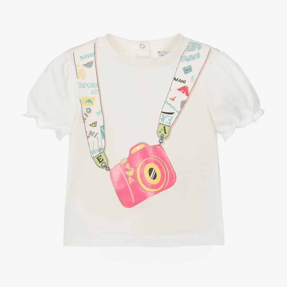 Girls White Cotton Camera Print T-Shirt