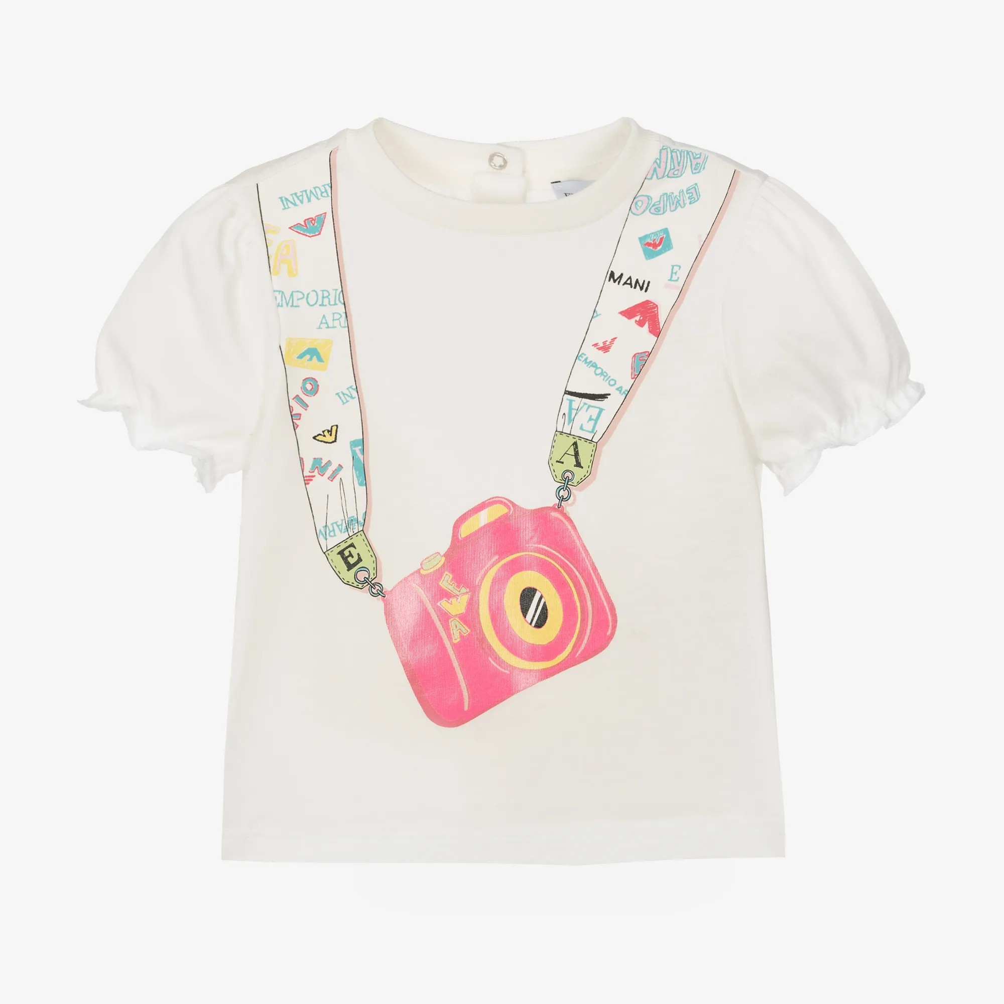 Girls White Cotton Camera Print T-Shirt