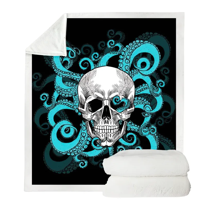 Gothic Plush Blanket of Sherpa with a Skull and an Octopus / Unisex Mystic Blanket For Sofa