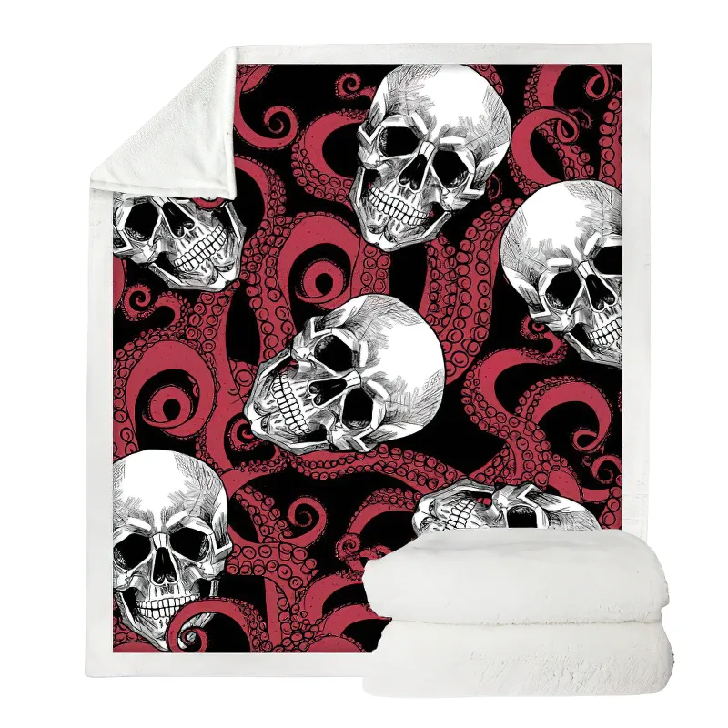 Gothic Plush Blanket of Sherpa with a Skull and an Octopus / Unisex Mystic Blanket For Sofa