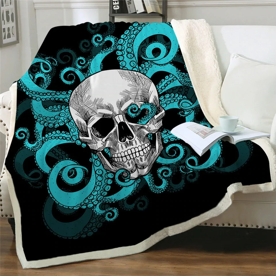 Gothic Plush Blanket of Sherpa with a Skull and an Octopus / Unisex Mystic Blanket For Sofa