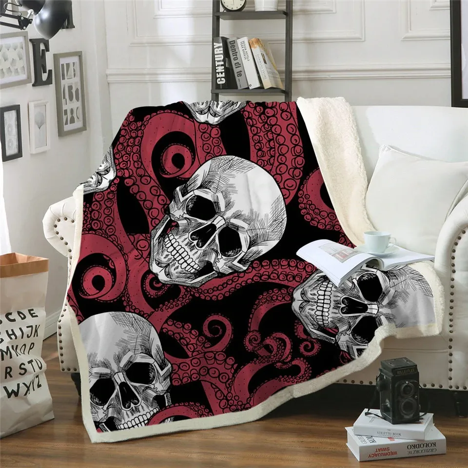 Gothic Plush Blanket of Sherpa with a Skull and an Octopus / Unisex Mystic Blanket For Sofa