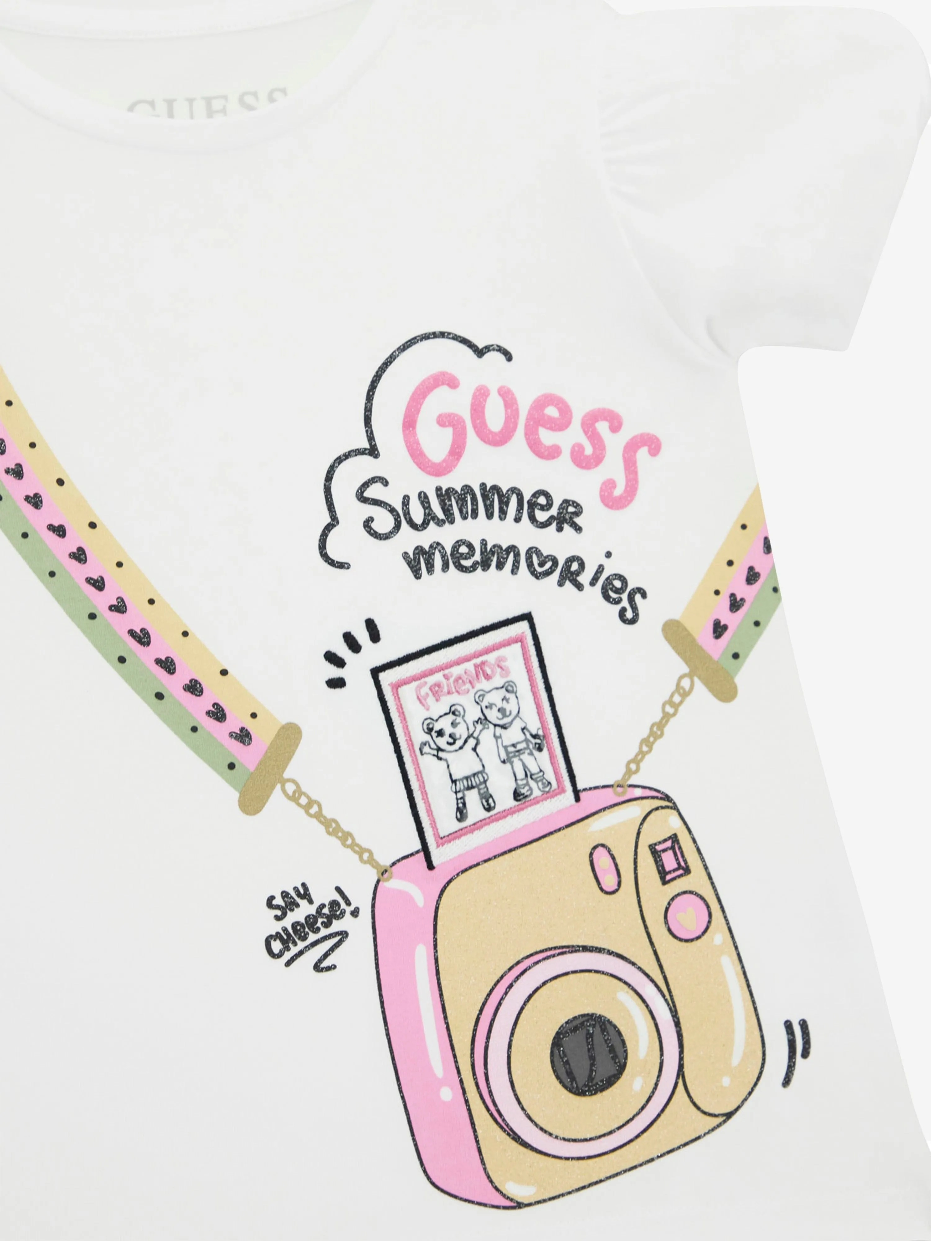 Guess Girls Camera Print T-ShIrt in White