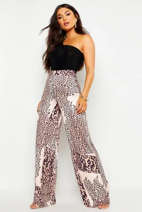 High Waist Slinky Mixed Leopard Wide Leg Pants