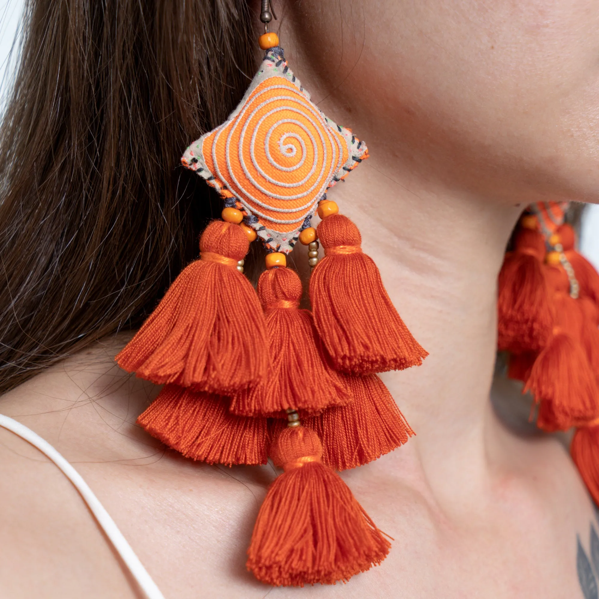 Hill Tribe Pillow Tassels Earrings in Orange