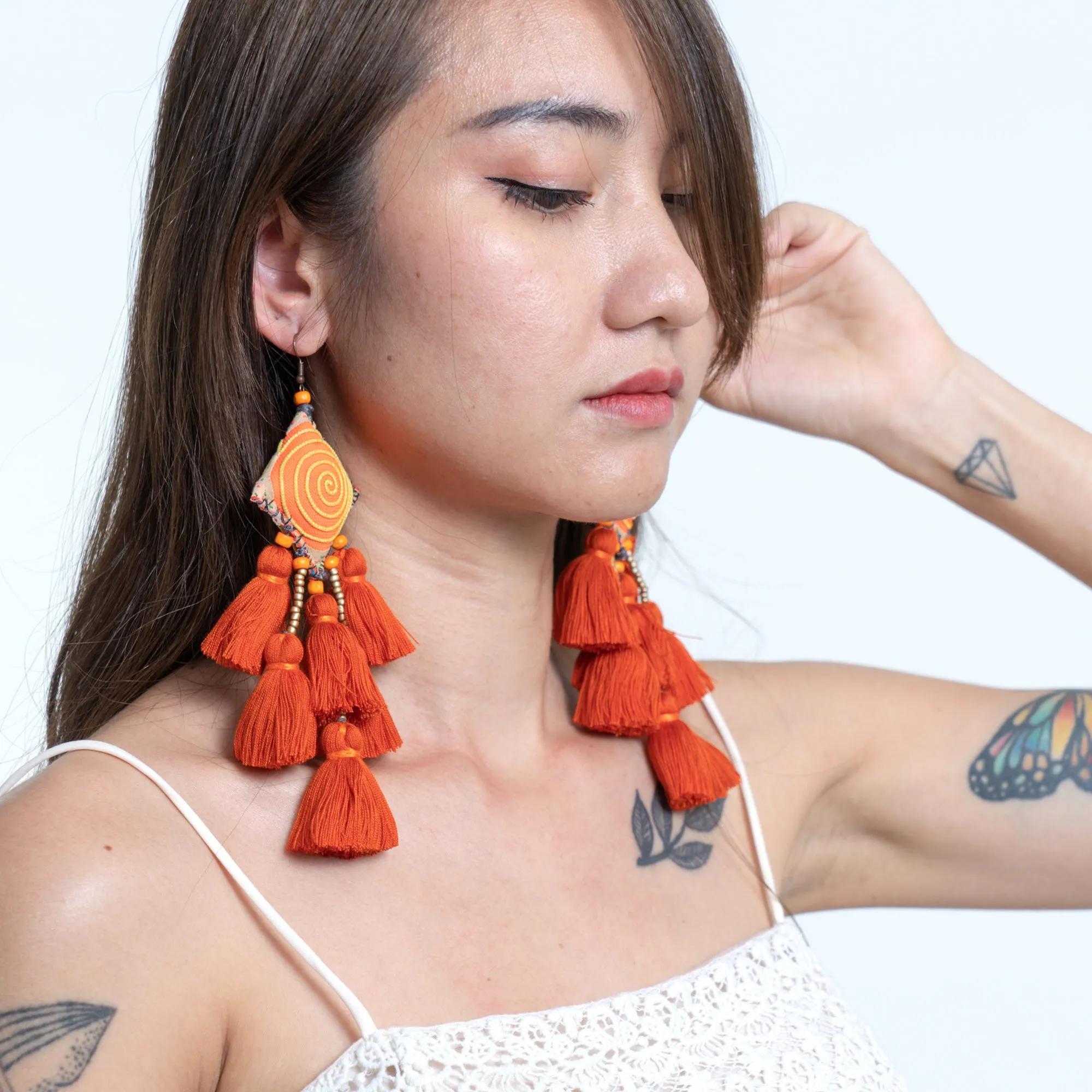 Hill Tribe Pillow Tassels Earrings in Orange