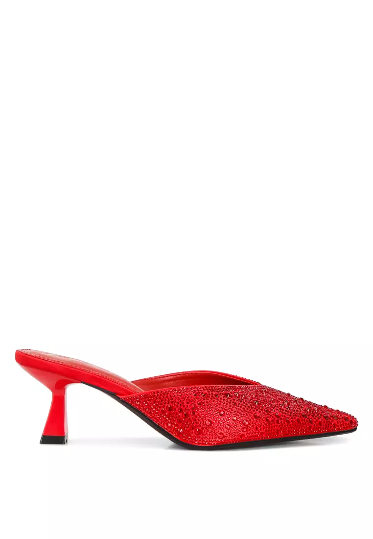 London Rag Red Rhinestones Embellished Satin Mules