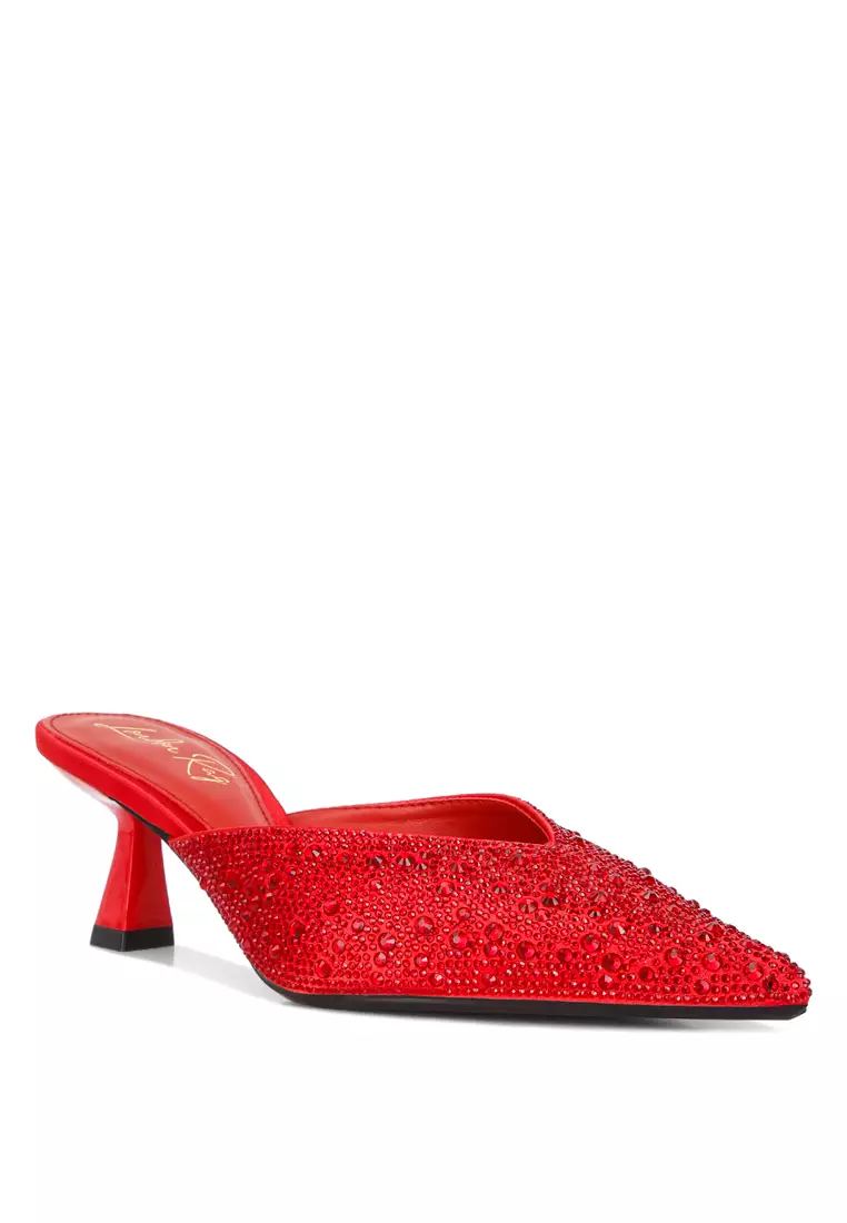 London Rag Red Rhinestones Embellished Satin Mules