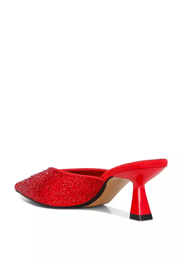 London Rag Red Rhinestones Embellished Satin Mules