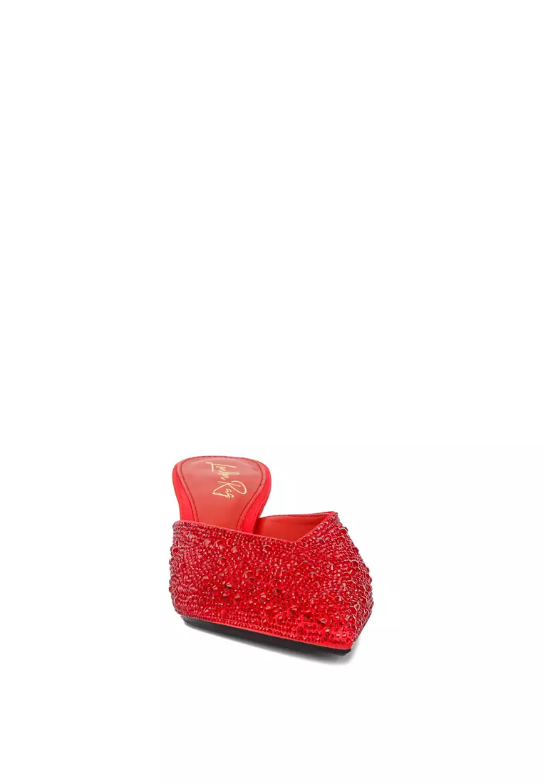 London Rag Red Rhinestones Embellished Satin Mules