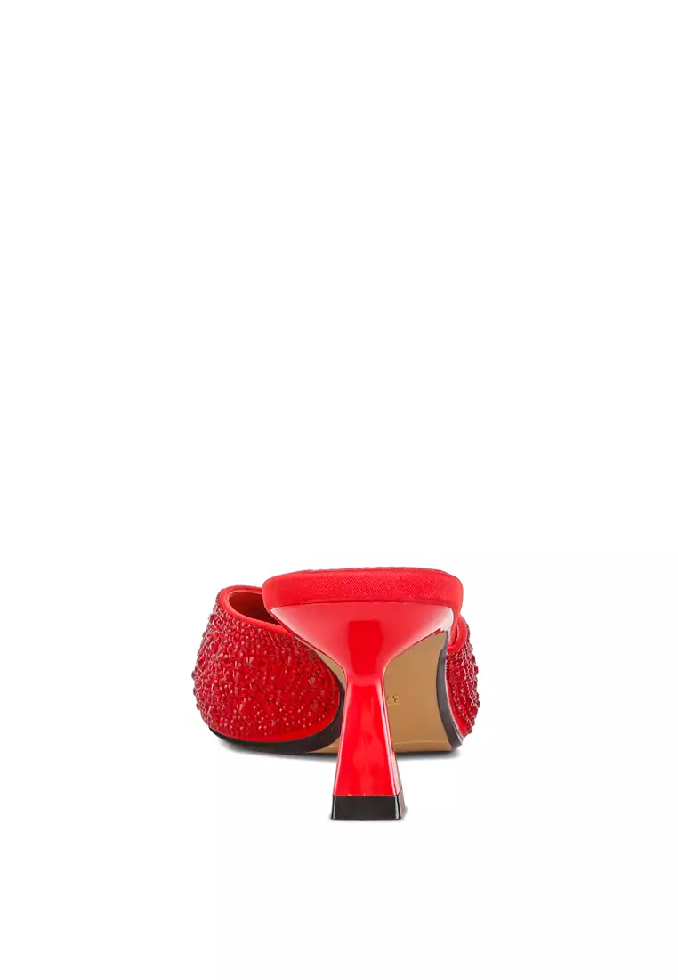 London Rag Red Rhinestones Embellished Satin Mules