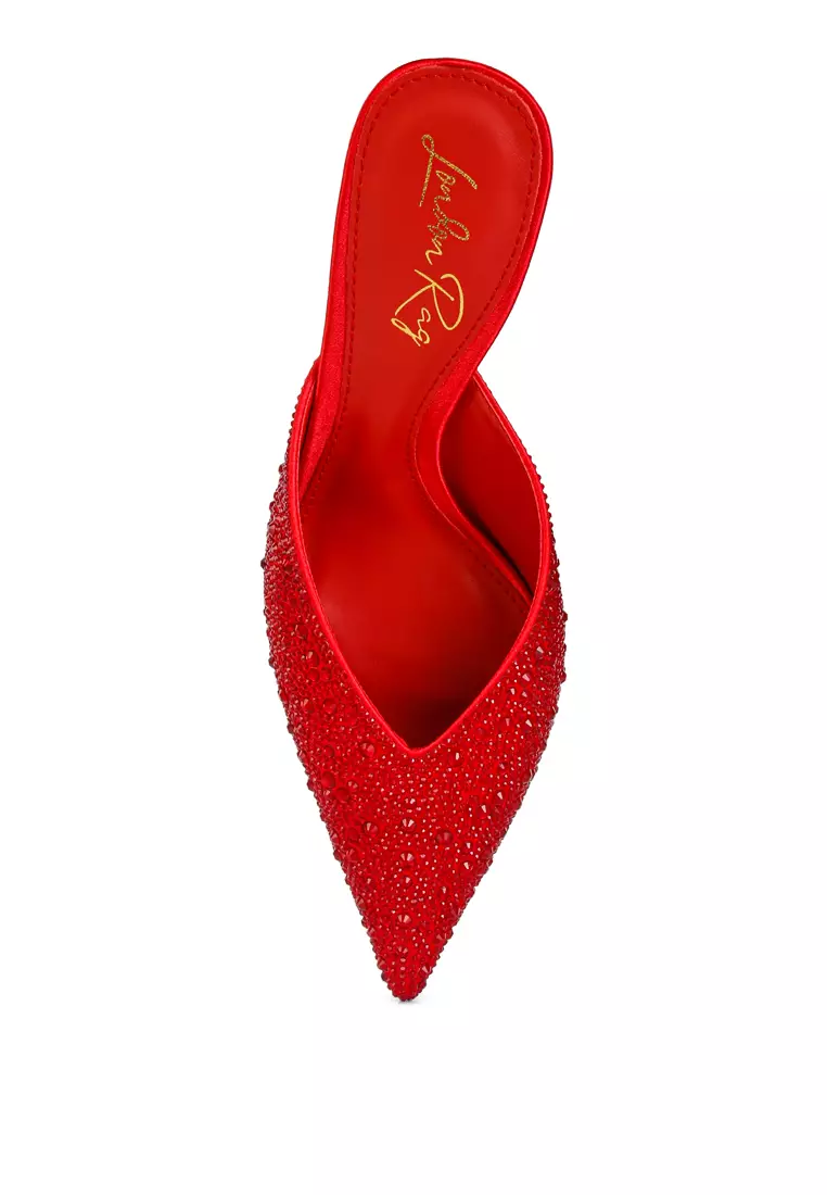 London Rag Red Rhinestones Embellished Satin Mules