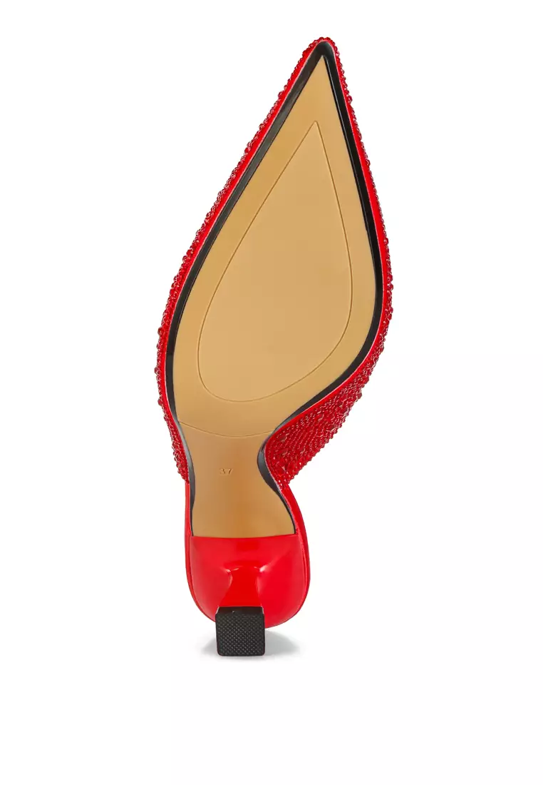 London Rag Red Rhinestones Embellished Satin Mules