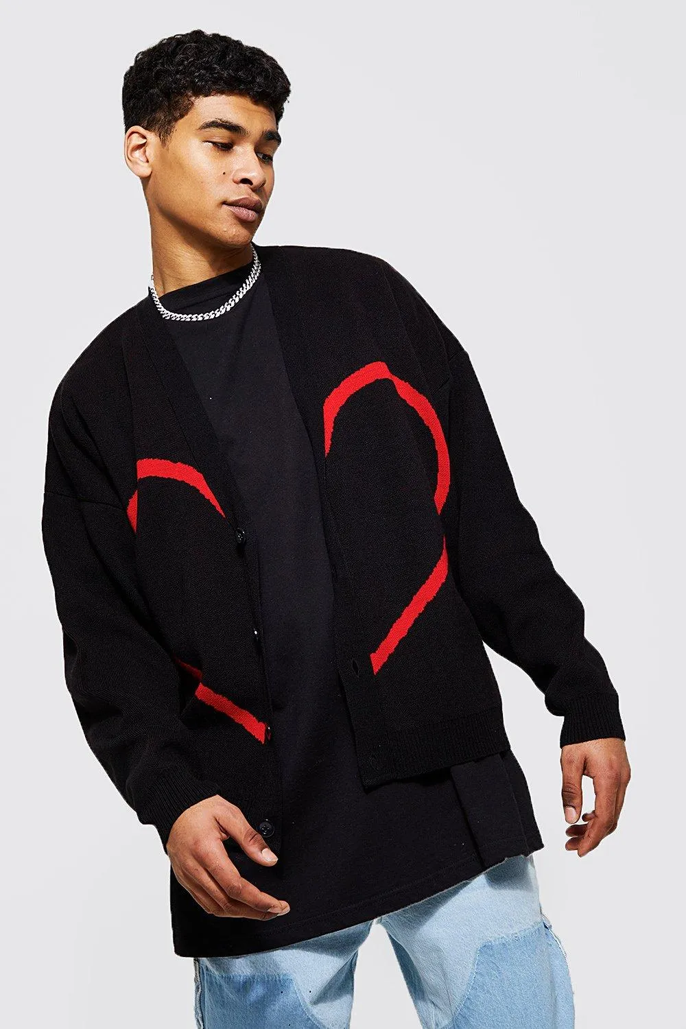 Oversized Heart Graphic Knitted Cardigan