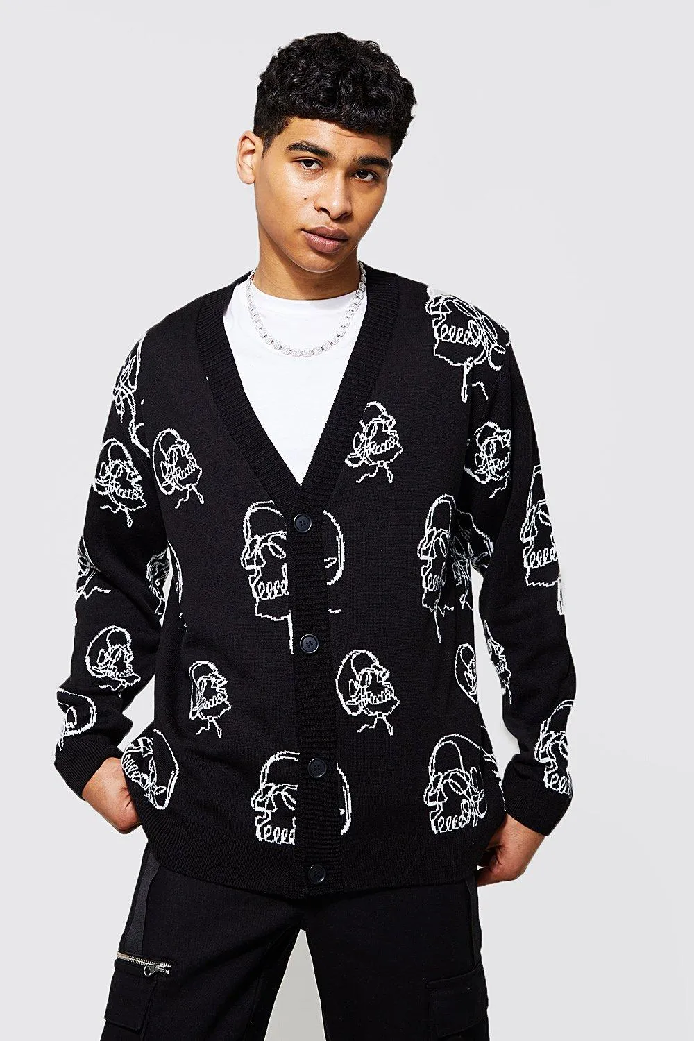 Oversized Skull Graphic Knitted Cardigan