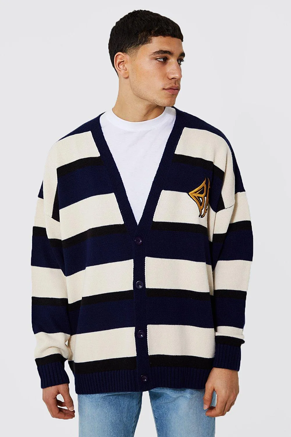 Oversized Striped Knitted Cardigan With Badge