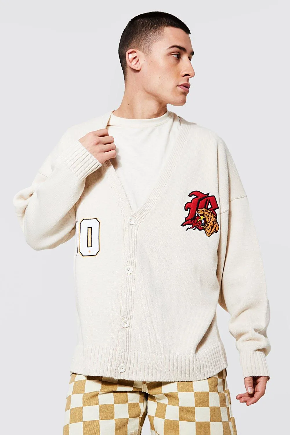 Oversized Varsity Intarsia Knitted Cardigan