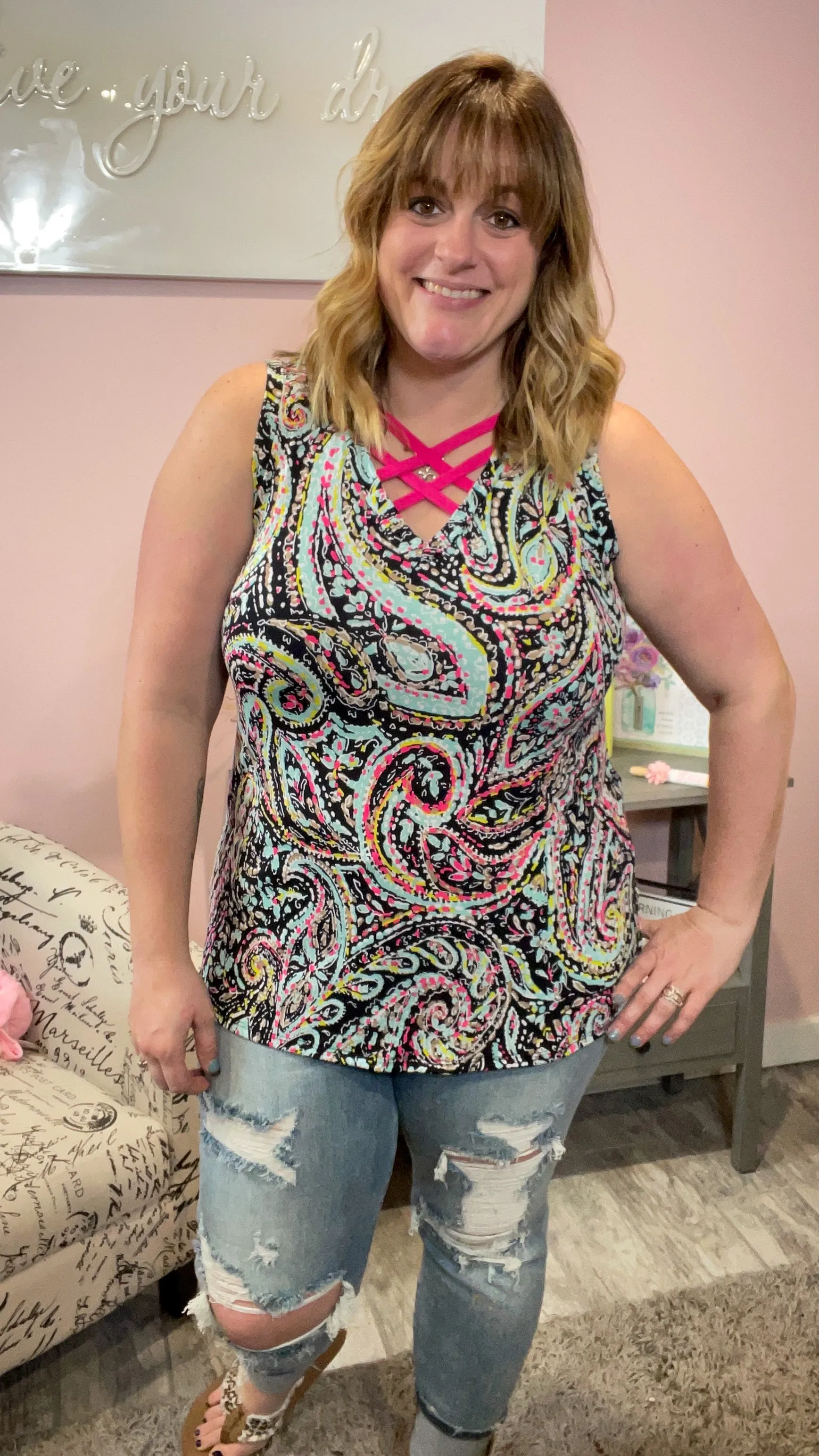 Paisley Sleeveless Top with Criss Cross Detail