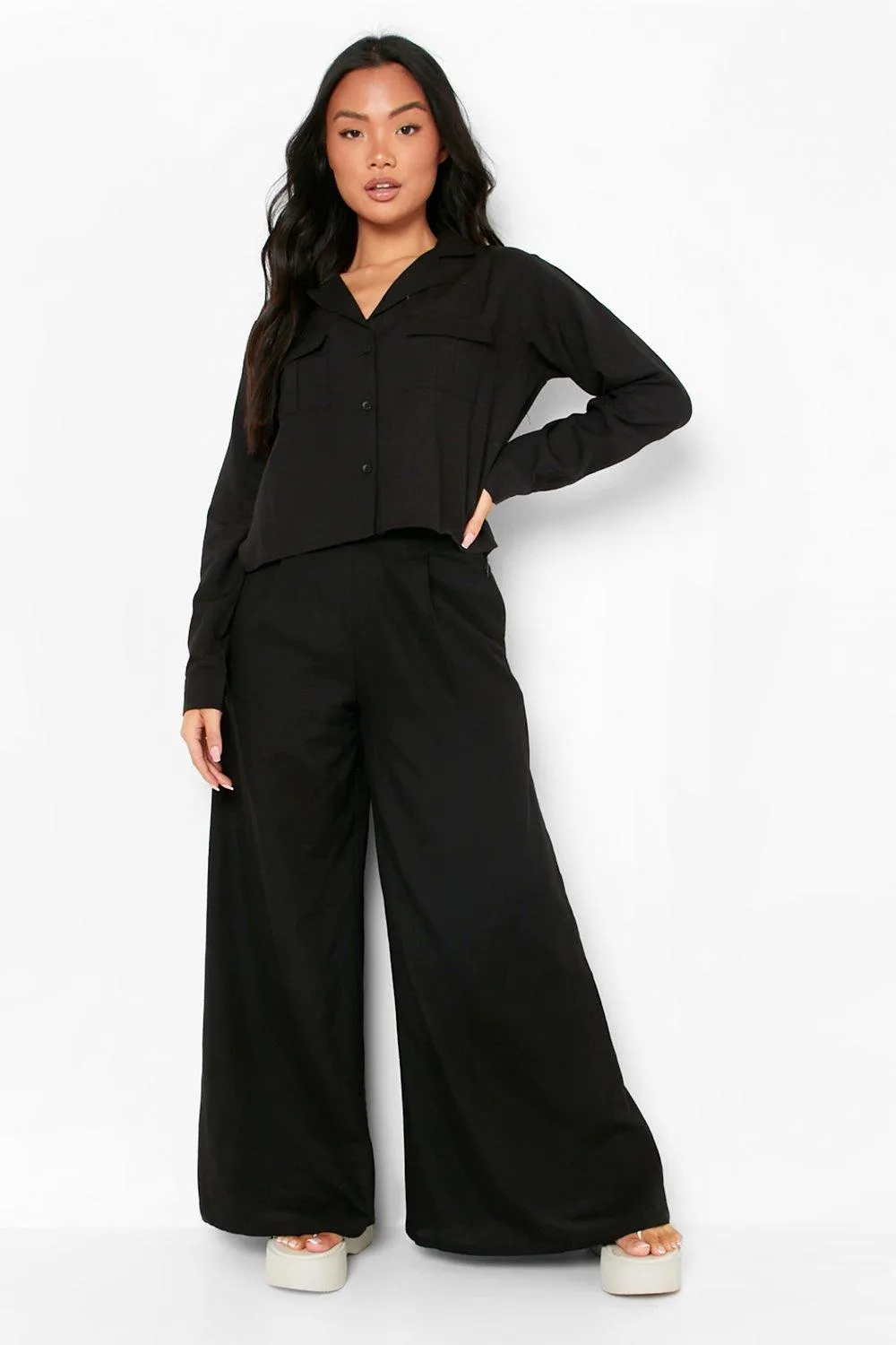 Petite Linen Look Wide Leg High Waist Pants