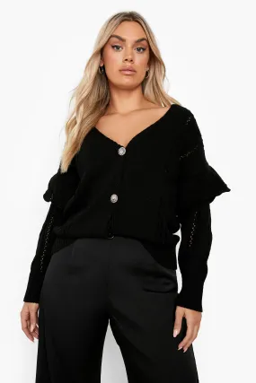 Plus Diamante Button Frill Cardigan