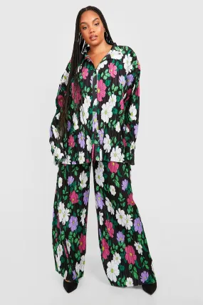 Plus Floral Plisse Wide Leg Pants