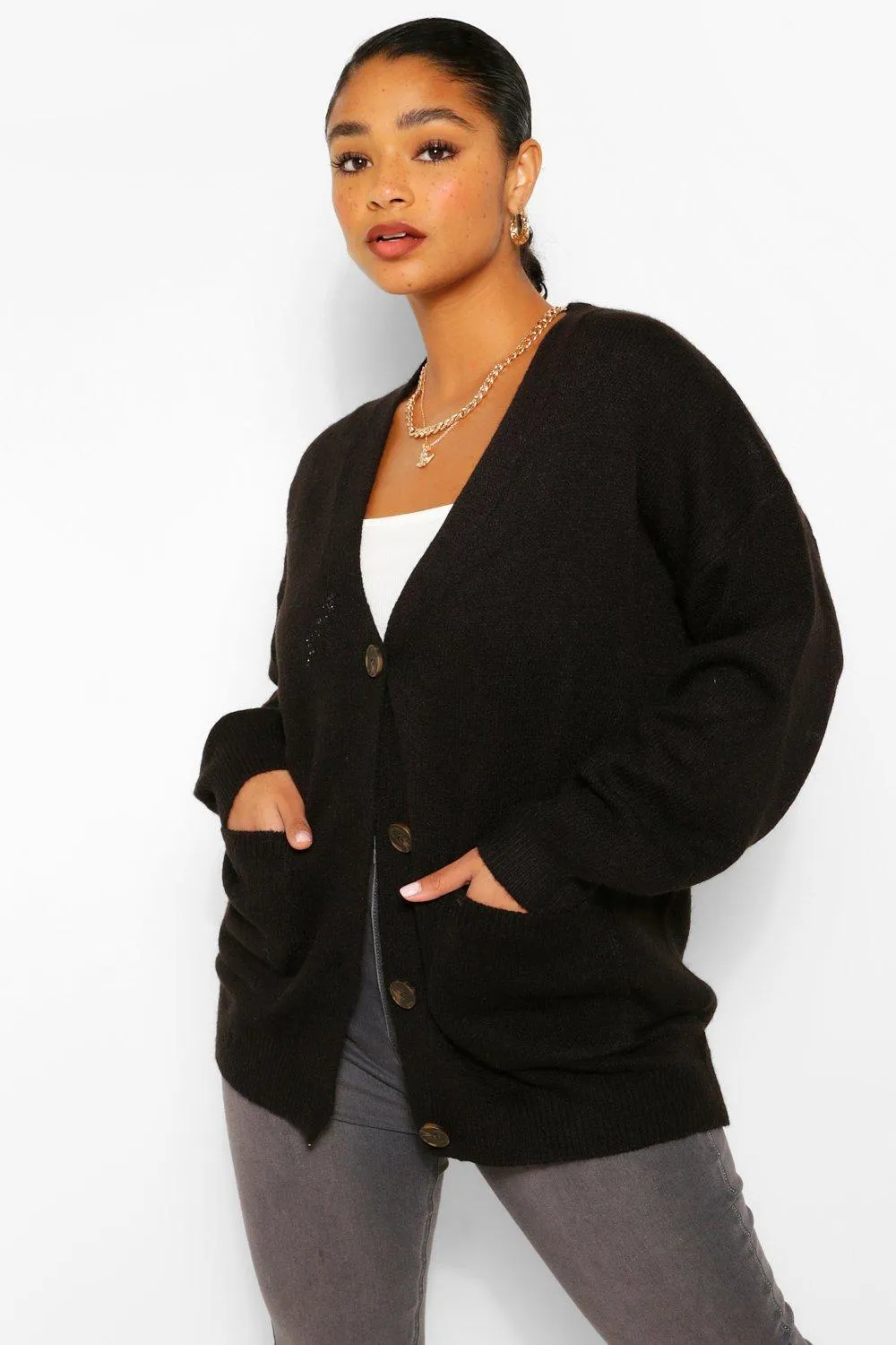 Plus Pocket Front Button Front Cardigan