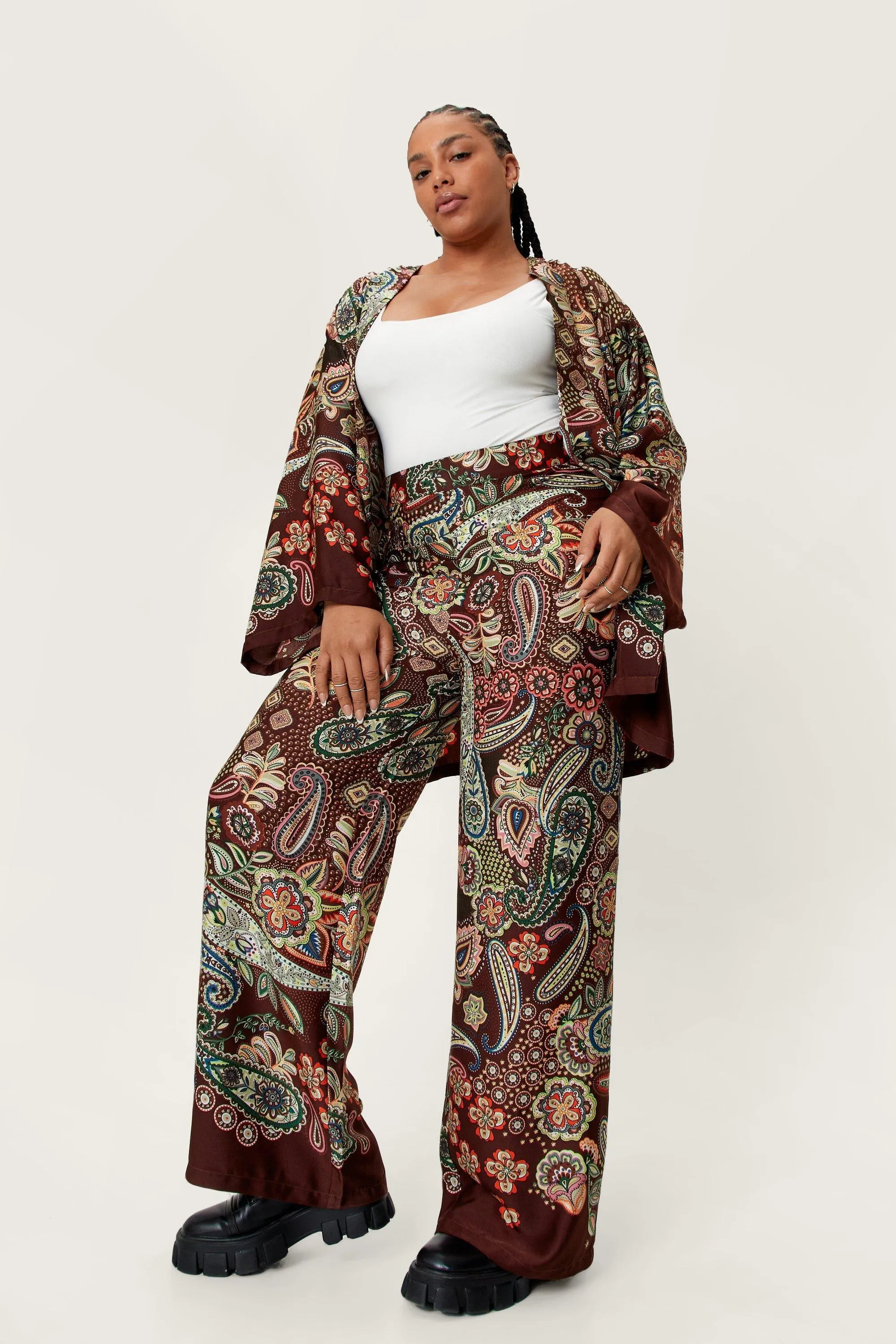 Plus Size Paisley Print Satin Wide Leg Pants