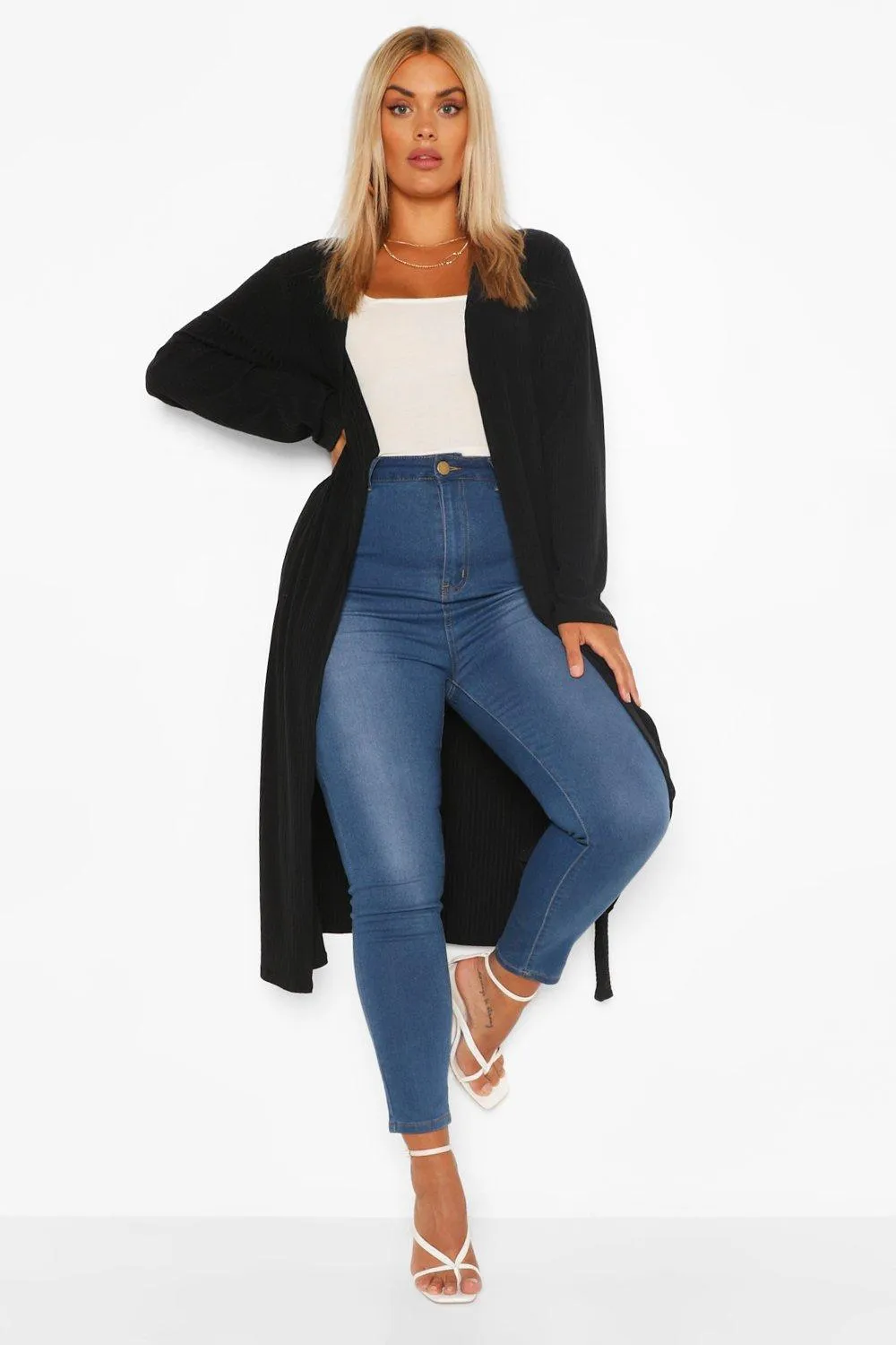 Plus Soft Knit Rib Longline Belted Cardigan