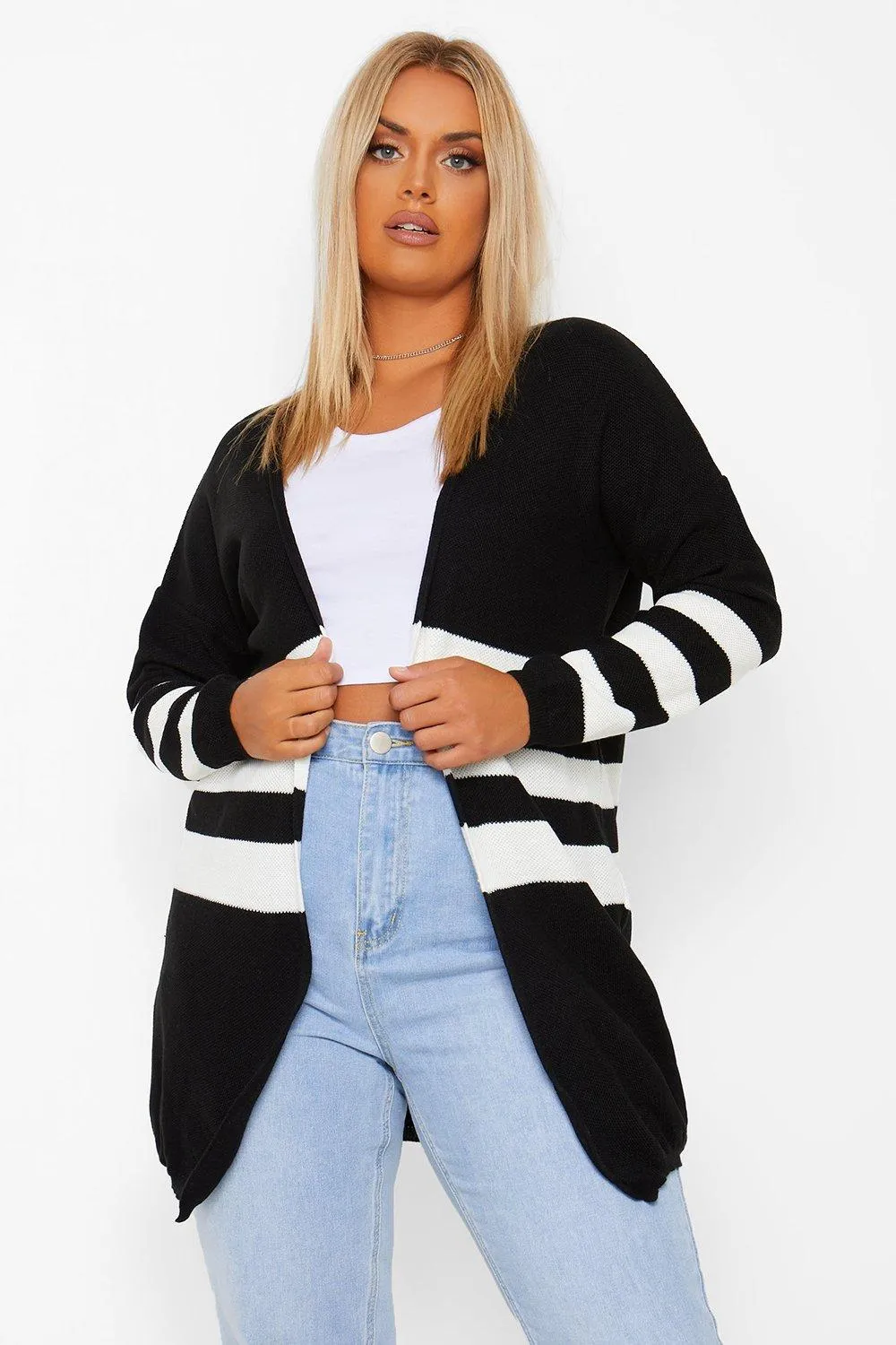 Plus Stripe Knit Long Cardigan