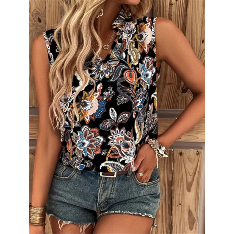 Printed Notched Sleeveless Top